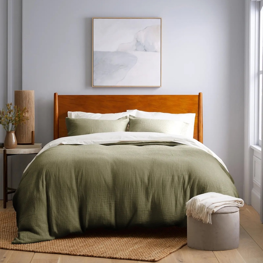 QUINCE Organic Airy Gauze Duvet Cover Set Full/Queen Olive 6664 - Picture 3 of 13